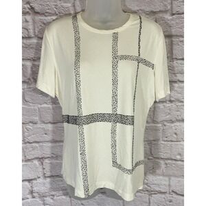 St. John Top Womens Medium Ivory Black Sparkle Beads Pullover Stretch Shirt